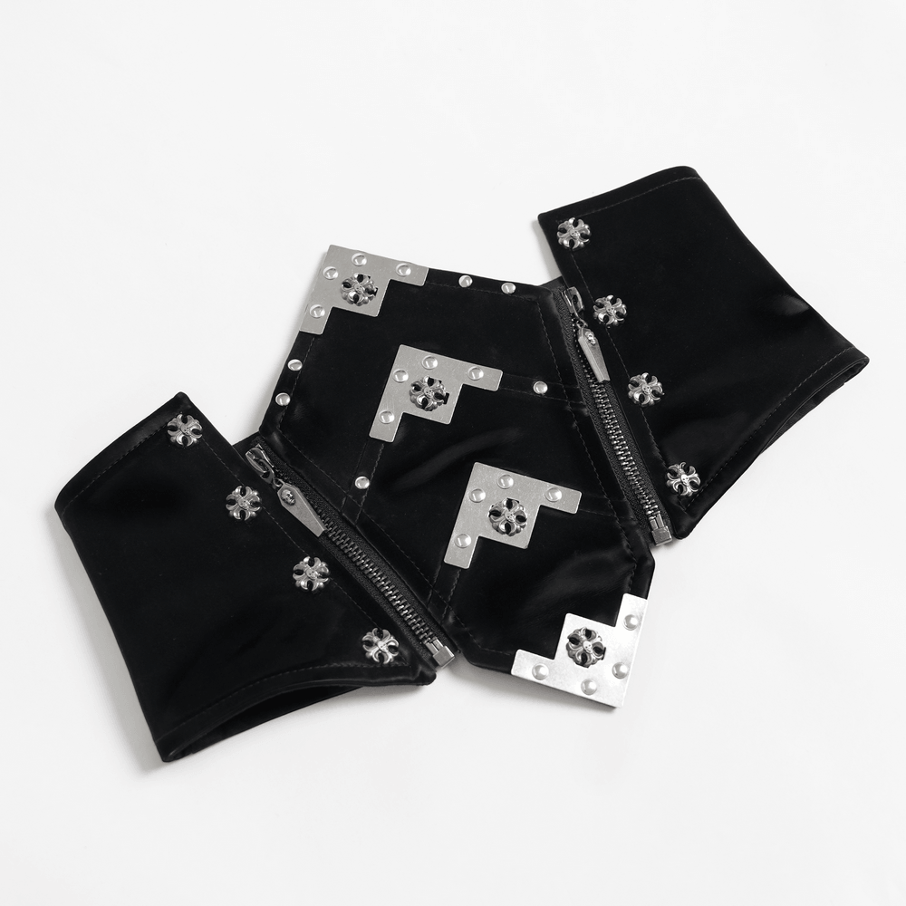 Gothic Corset Belt with Metal Cross Stud Details Trim featuring shiny patent leather and silver-tone accents.