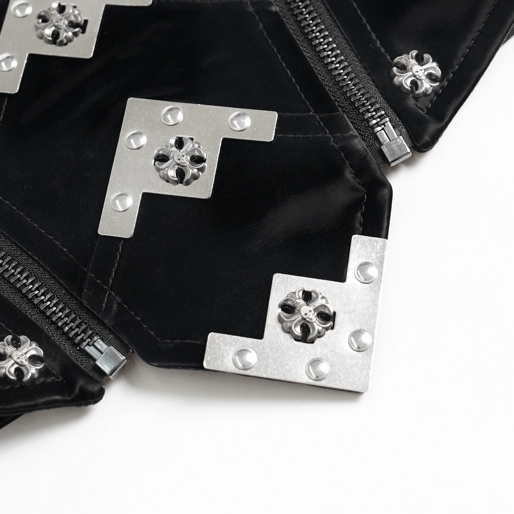 Close-up of Gothic Corset Belt with Metal Cross Stud Details Trim showcasing silver-tone cross plates and zippers.