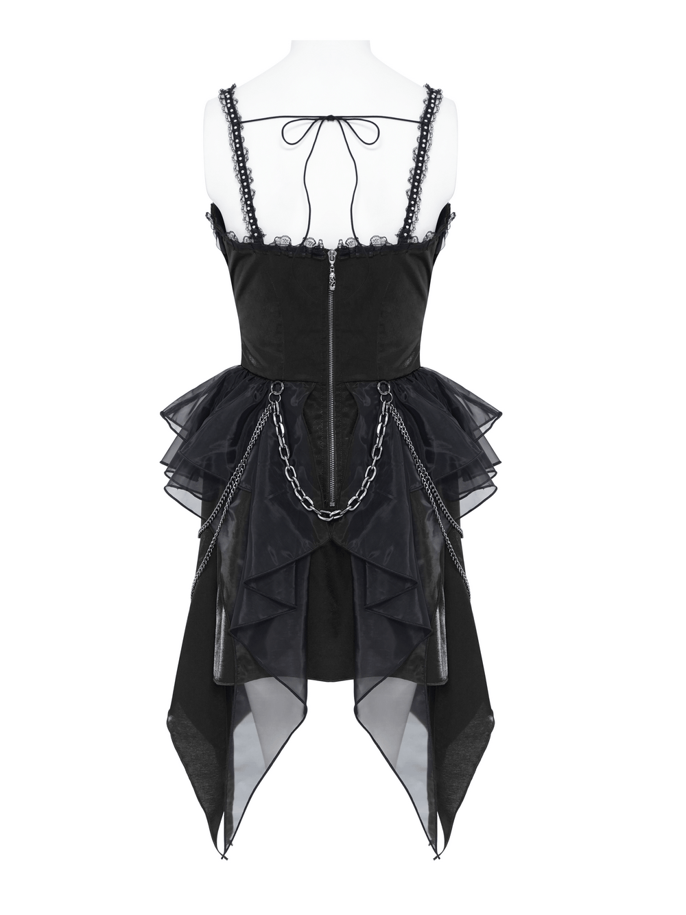 Gothic Corset Dress with Chains and Layered Tulle black dress with lace-up back, chains, and sheer asymmetric hem