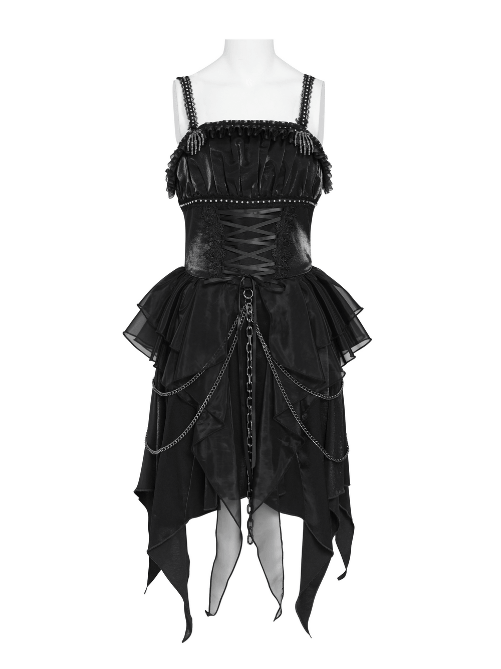 Gothic Corset Dress with Chains and Layered Tulle black asymmetric punk dress with lace-up bodice and chains