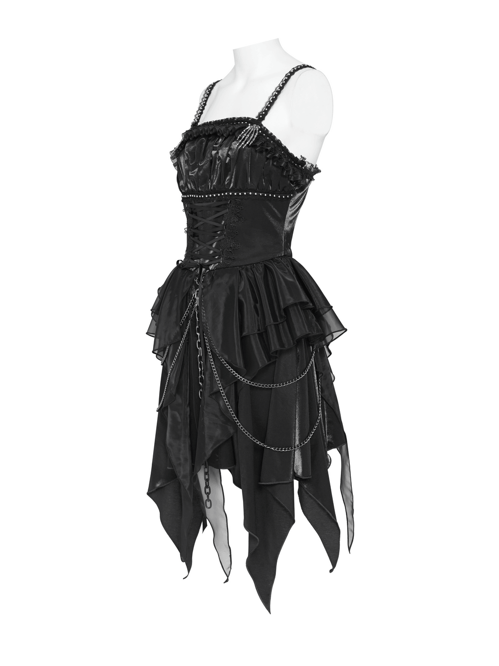 Gothic Corset Dress with Chains and Layered Tulle black punk dress with lace-up bodice, ruffles, and draped chains
