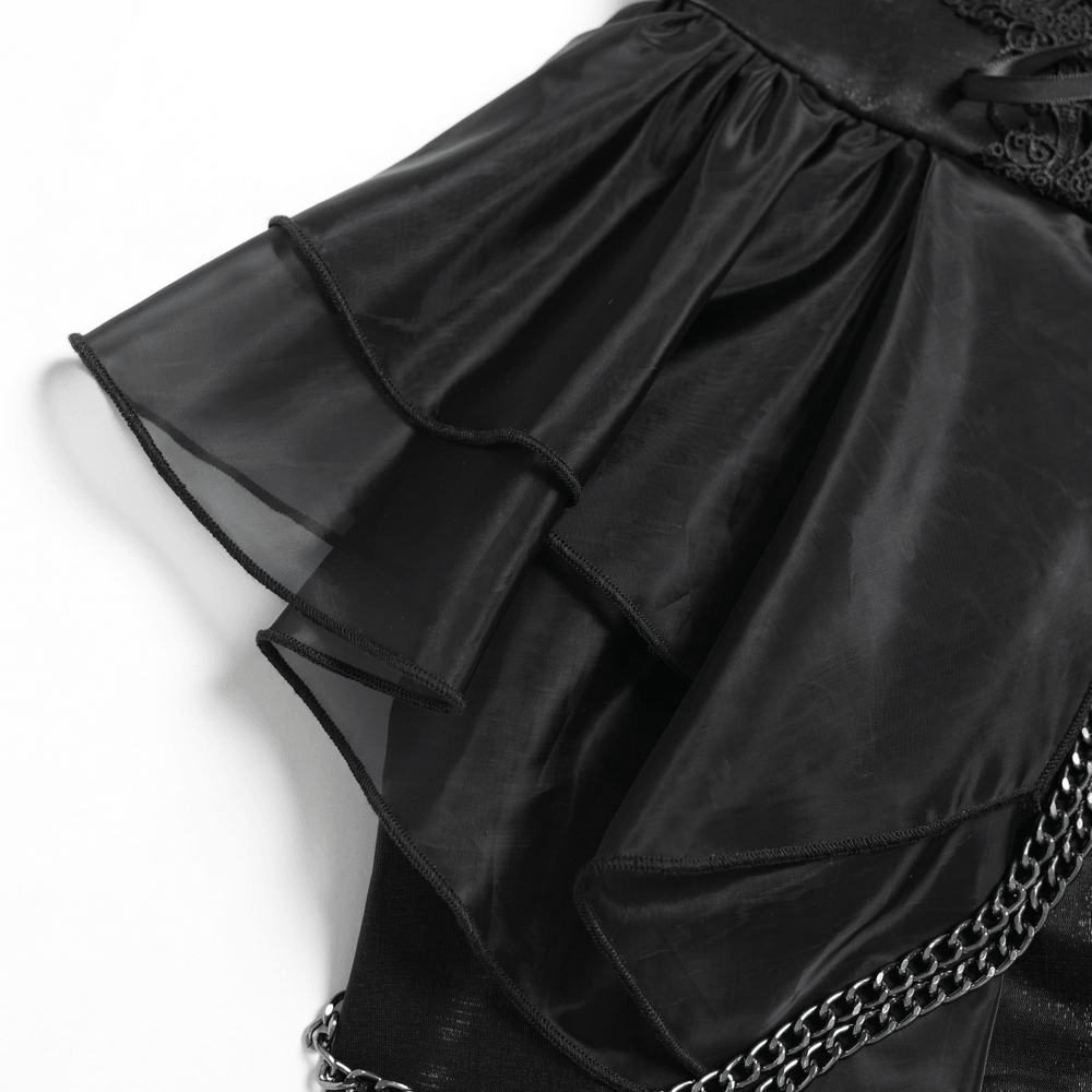 Gothic Corset Dress with Chains and Layered Tulle black layered skirt with chains, sheer tulle, and lace-up punk details