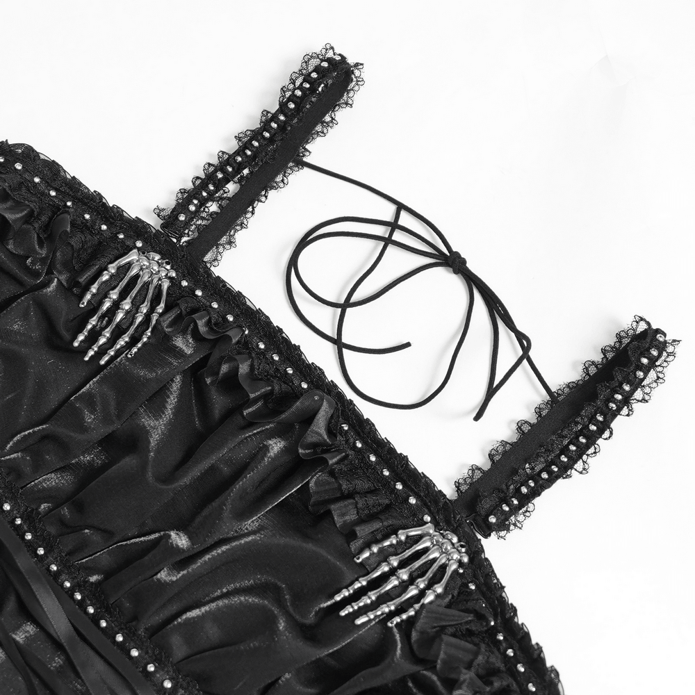 Gothic Corset Dress with Chains and Layered Tulle black lace-up bodice, skeletal hand accents and ruffled punk details