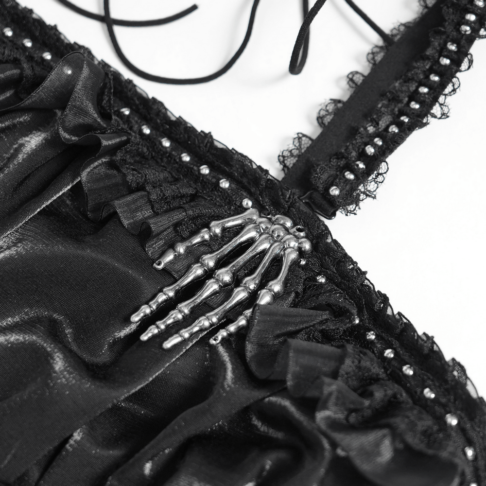 Gothic Corset Dress with Chains and Layered Tulle black lace-up bodice, metal skeleton hand accent, and ruffled tulle