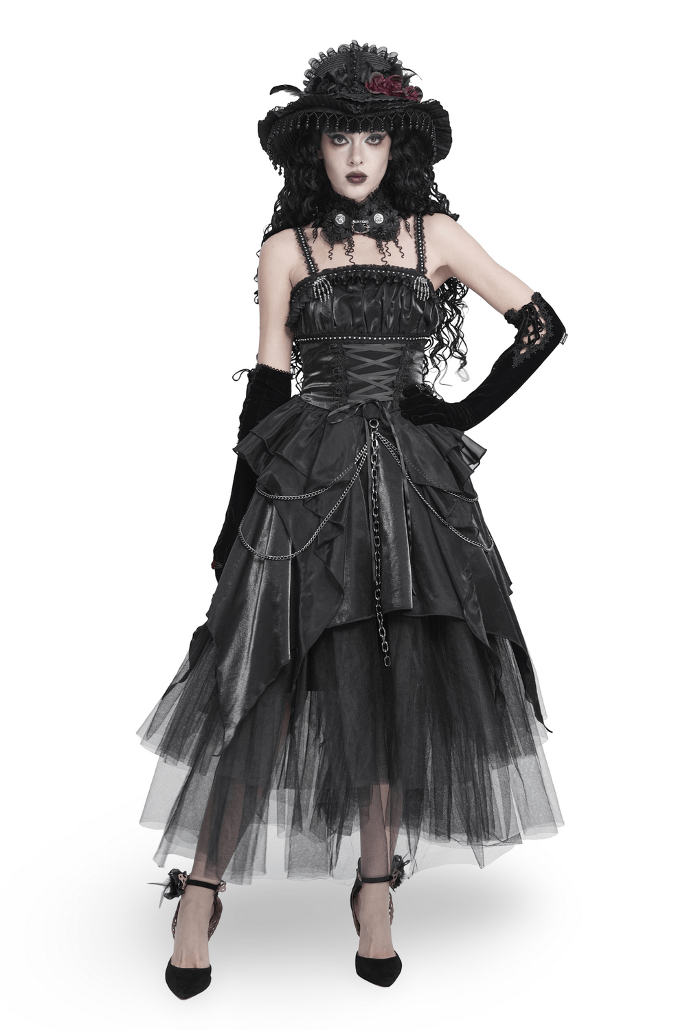 Gothic Corset Dress with Chains and Layered Tulle black Victorian punk asymmetric dress with lace-up bodice and dramatic tulle