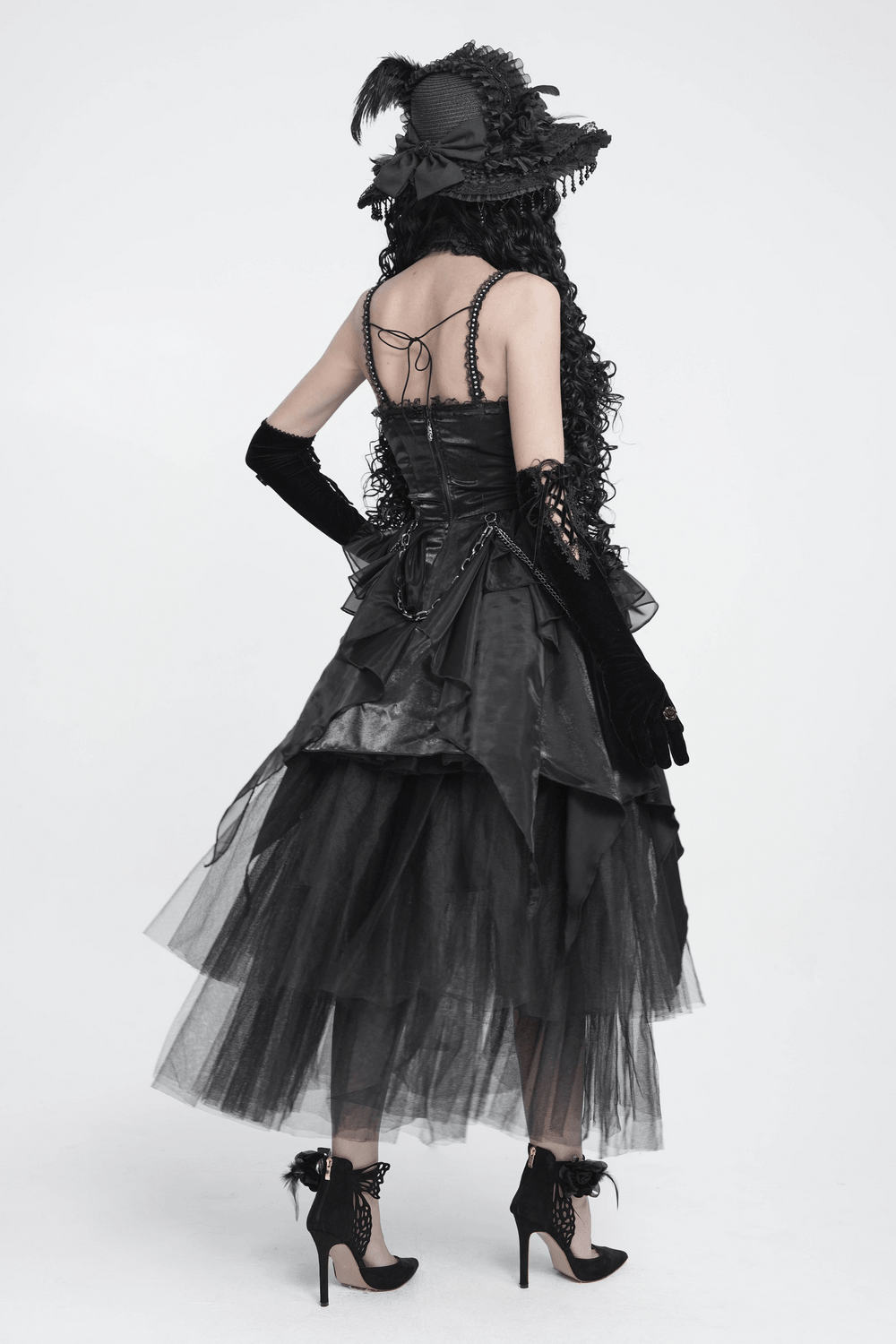 Gothic Corset Dress with Chains and Layered Tulle black Victorian punk dress with lace-up bodice and asymmetrical skirt