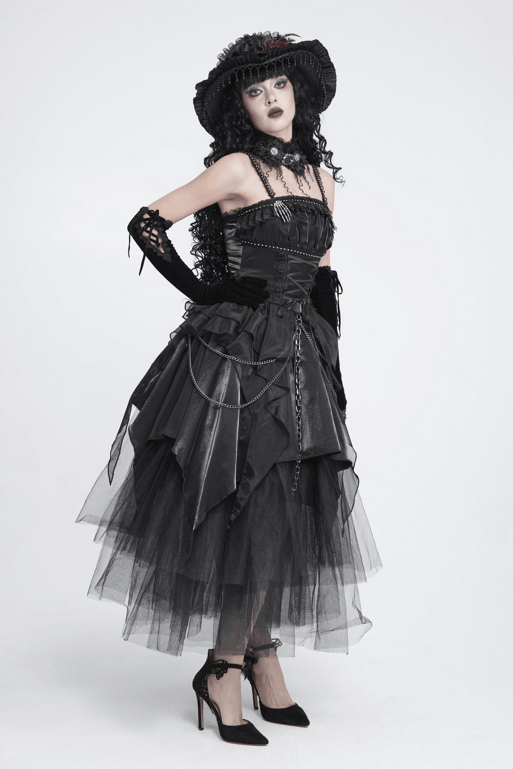 Gothic Corset Dress with Chains and Layered Tulle black Victorian punk dress with lace-up bodice and sheer tulle