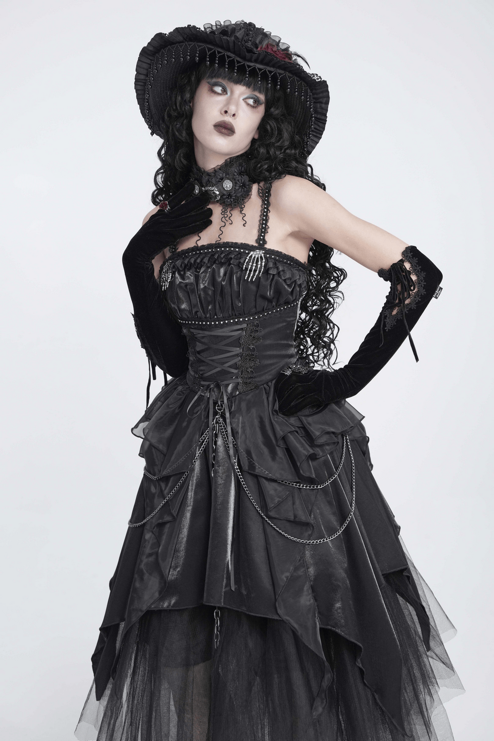 Gothic Corset Dress with Chains and Layered Tulle black Victorian punk dress with lace-up bodice and dramatic chains