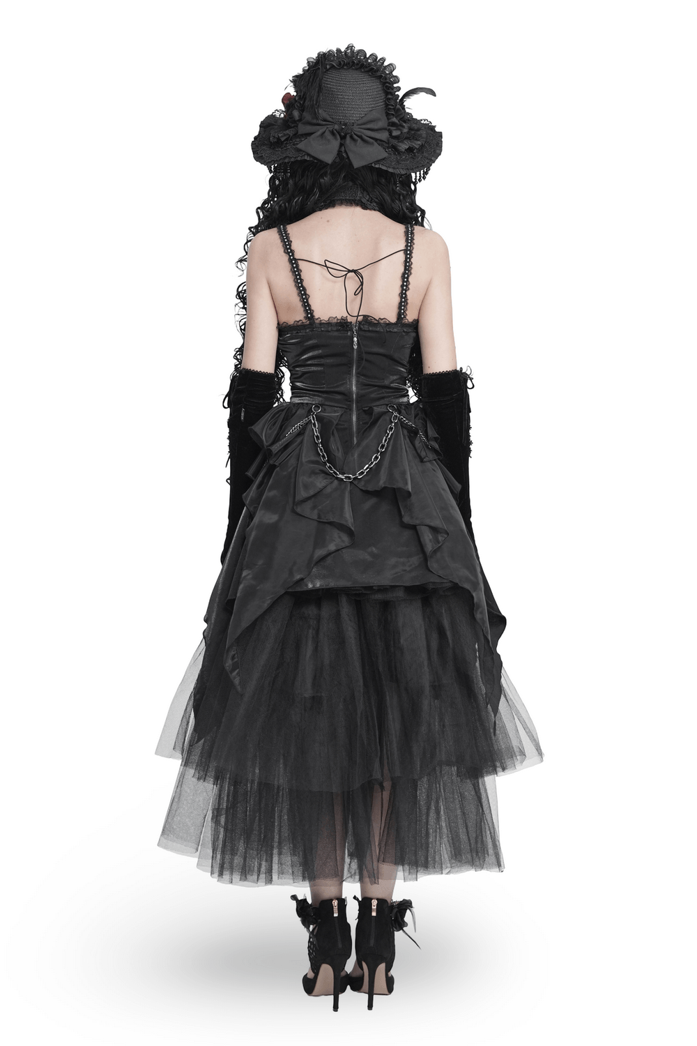 Gothic Corset Dress with Chains and Layered Tulle black back view with lace-up bodice, sheer layers, and punk chains