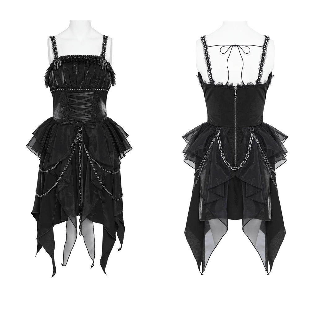 Gothic Corset Dress with Chains and Layered Tulle black Victorian punk dress with lace-up bodice and draped chains