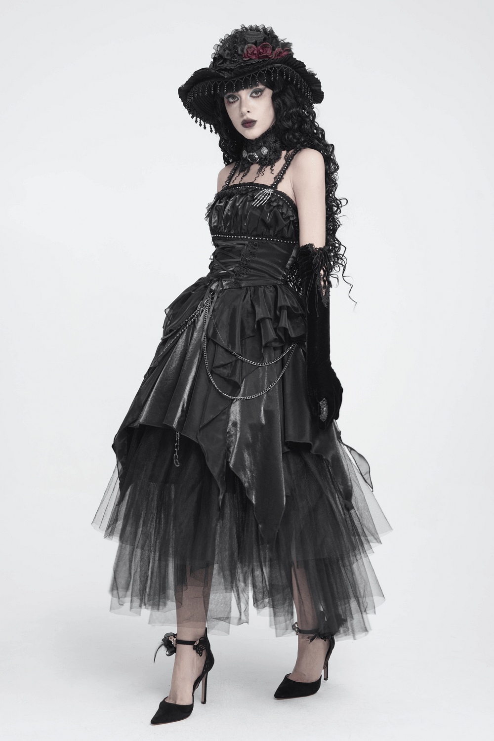 Gothic Corset Dress with Chains and Layered Tulle, a black Victorian punk asymmetric dress with lace-up bodice and tulle skirt