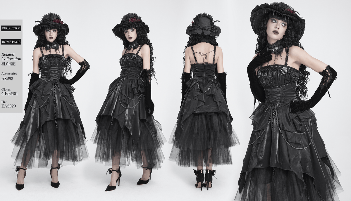 Gothic Corset Dress with Chains and Layered Tulle black Victorian punk dress with lace-up bodice and dramatic tulle