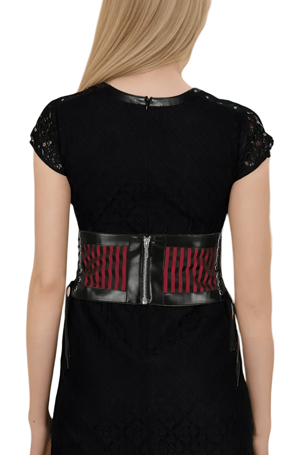 Back view of Gothic corset-inspired waist belt with maroon stripes and black faux leather detailing.