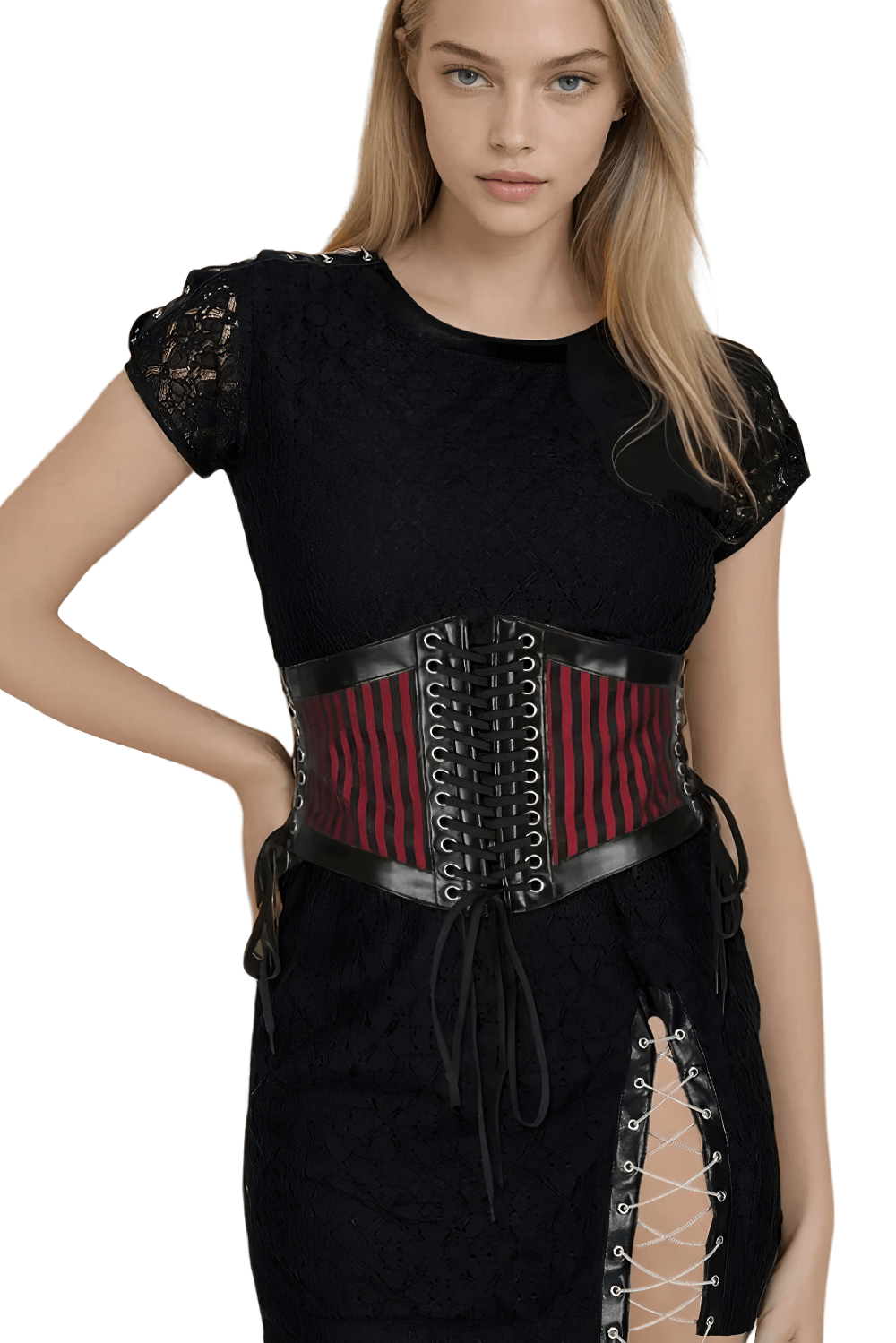 Gothic corset-inspired waist belt with maroon stripes and lace-up detailing, worn over a black dress.