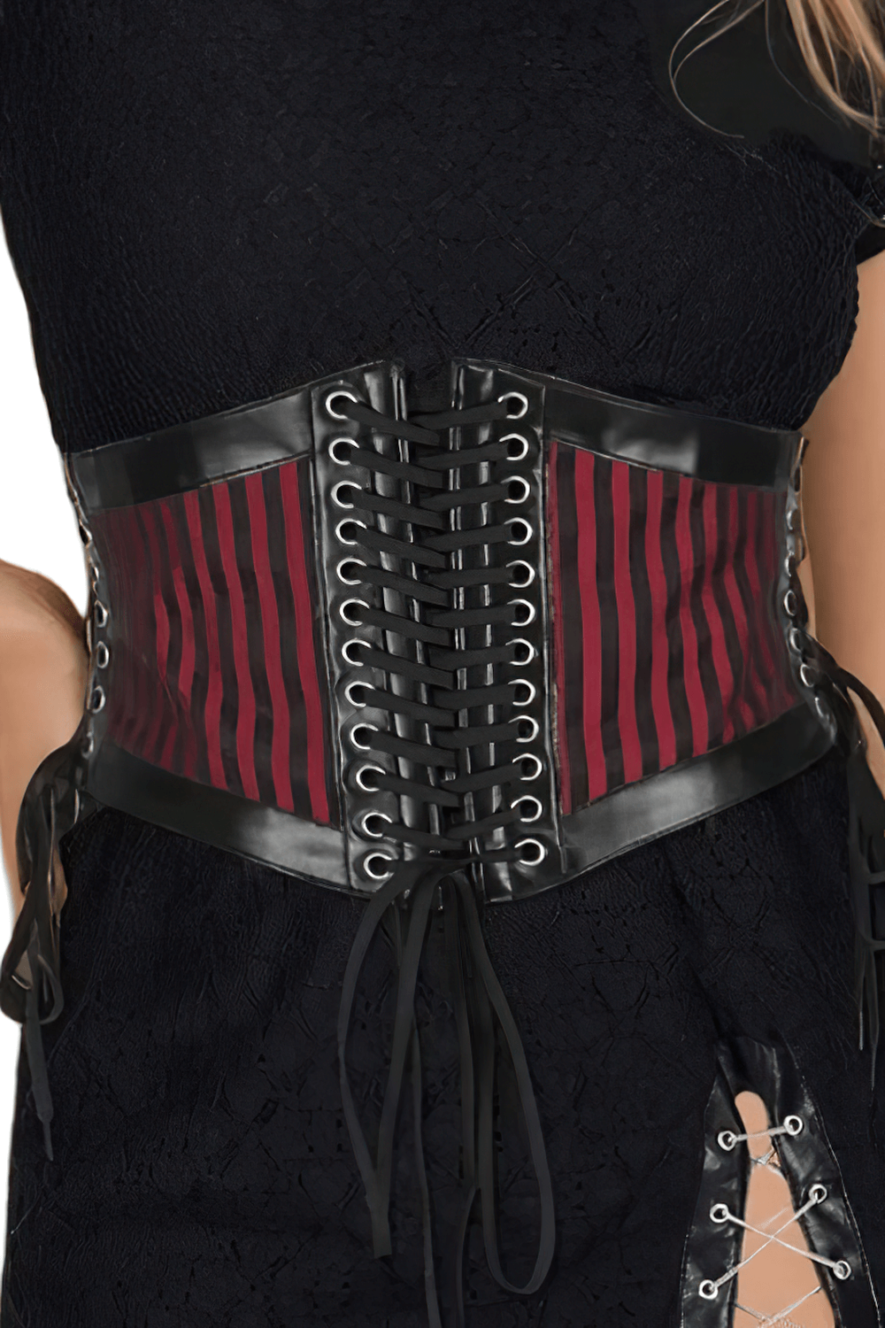 Gothic corset-inspired waist belt with maroon stripes, lace-up front, and black faux leather accents.