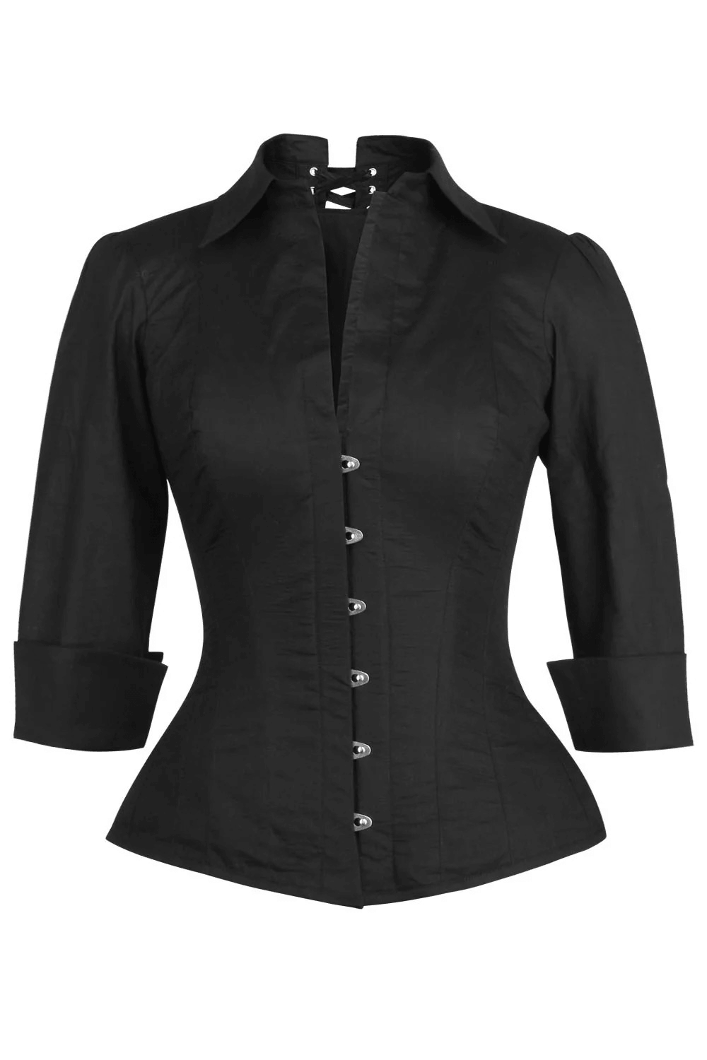 Gothic Corset Shirt with Collar and Sculpted Waistline, black corset blouse with back lacing and polished front closure.
