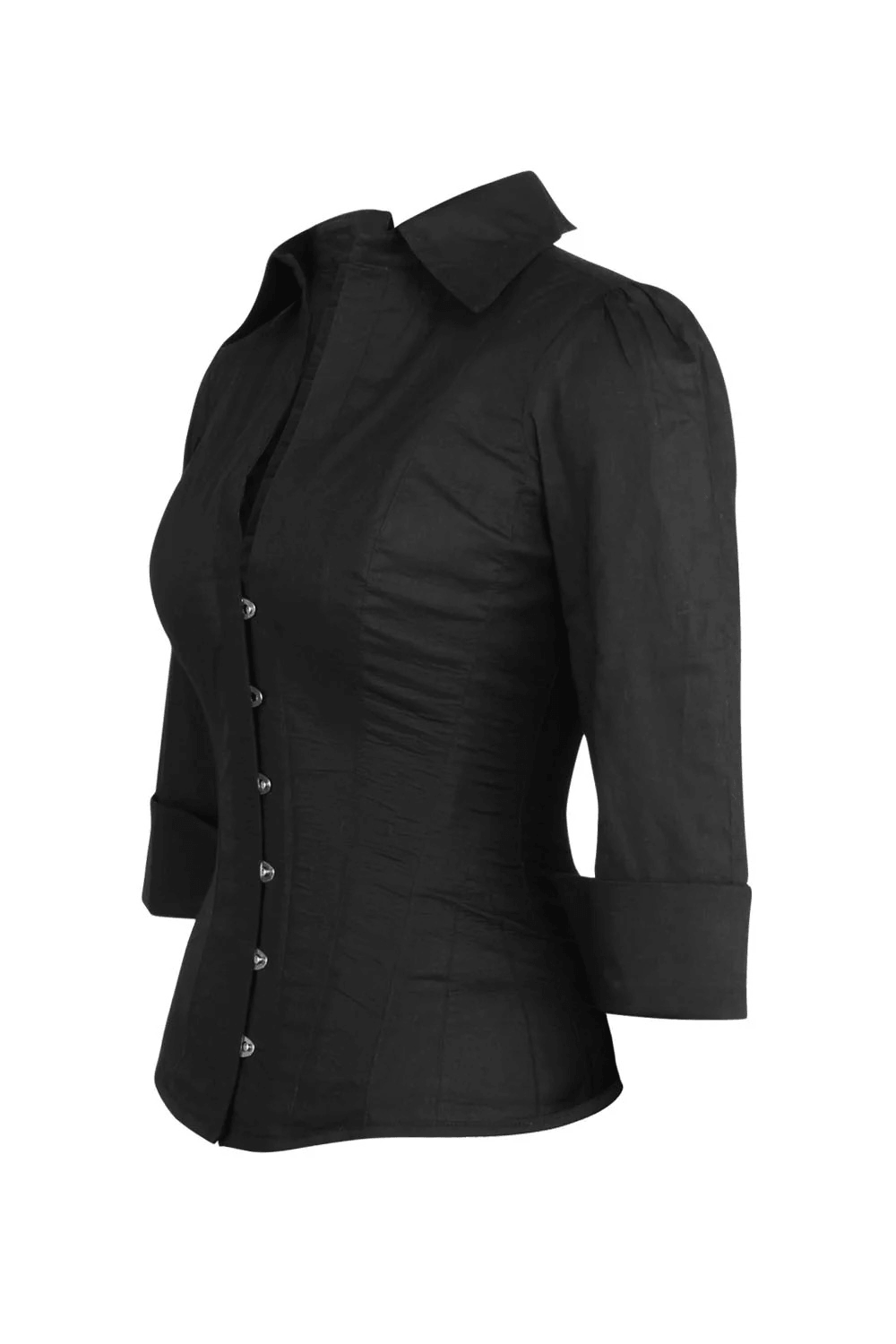 Gothic Corset Shirt with Collar and Sculpted Waistline, tailored black blouse with buttons and three quarter sleeves.