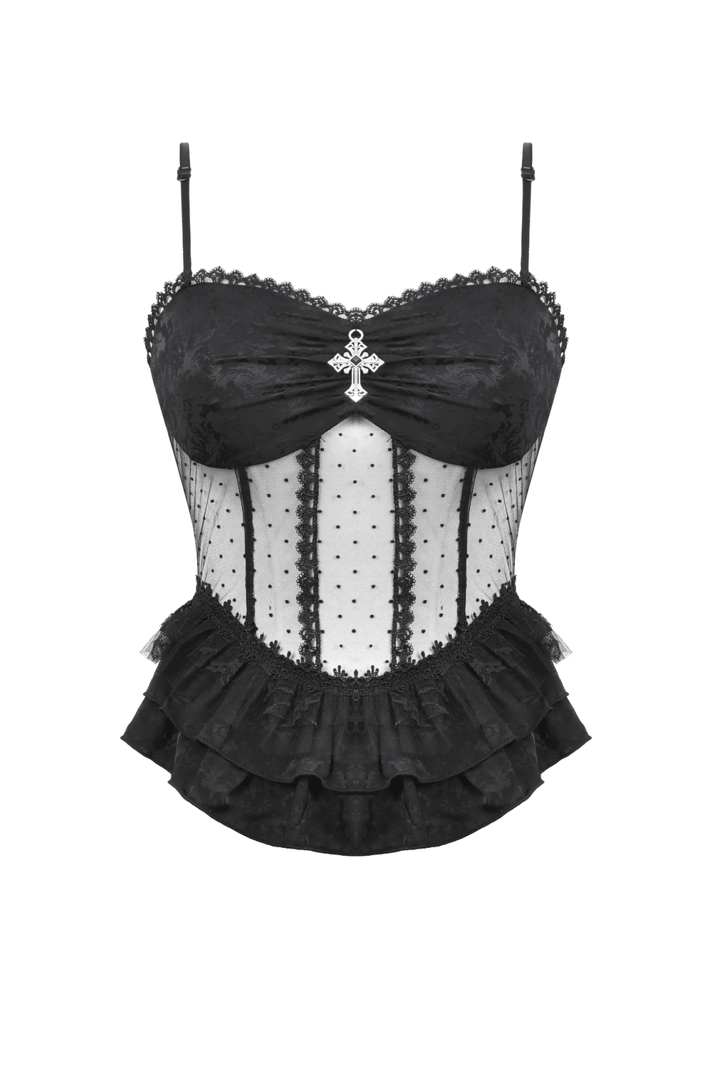 Elegant Gothic Corset Top with lace, polka dots, and satin bow, perfect for themed parties or evening wear.