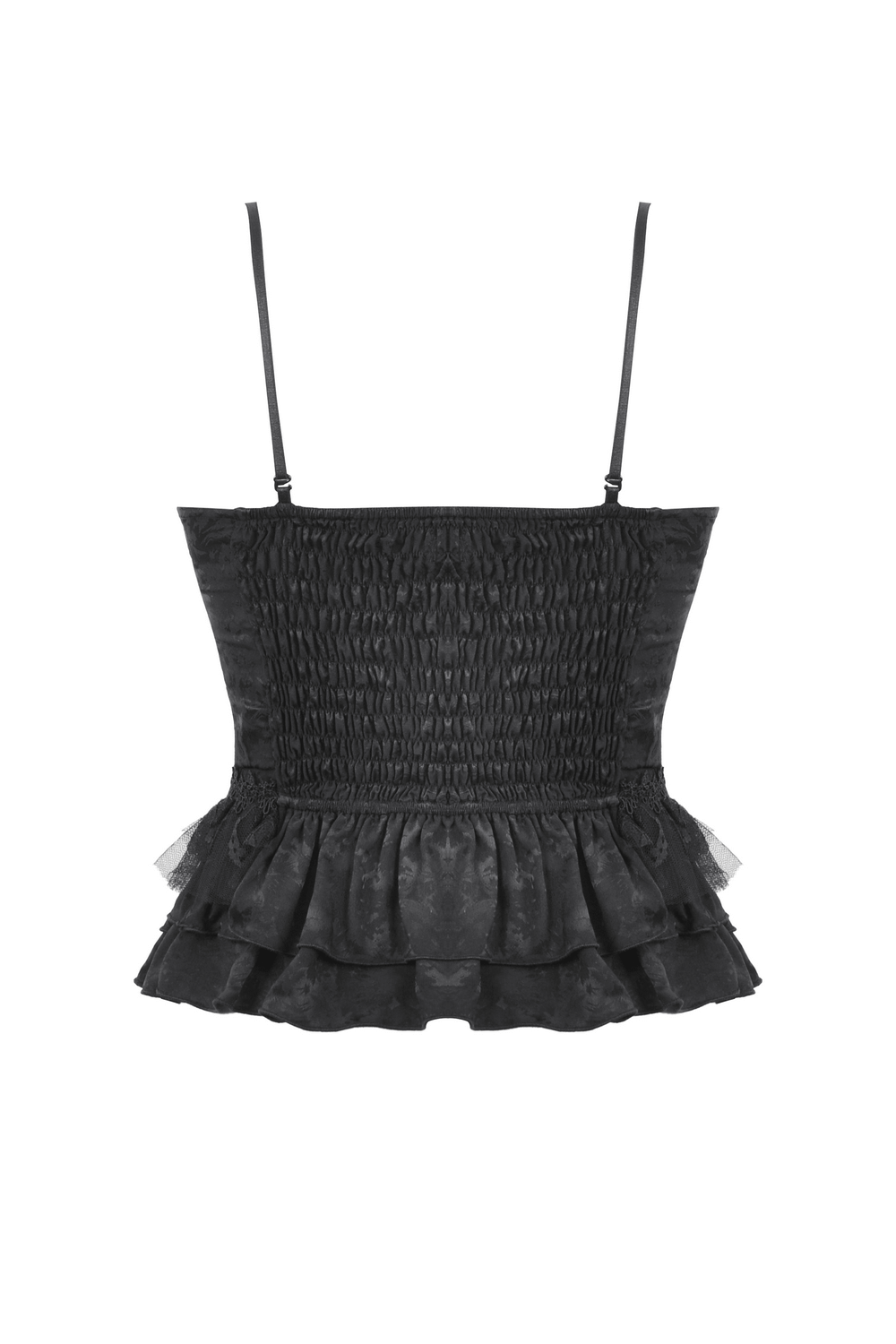 Gothic corset top with lace detailing and polka dots, featuring a ruffled hem and delicate straps.