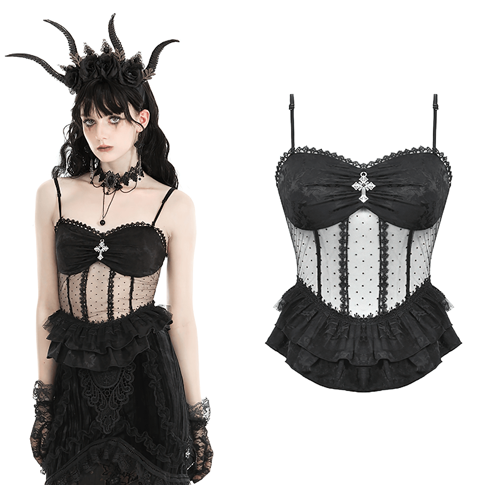 Elegant gothic corset top with lace, polka dots, and ruffled hem for dark, adventurous fashion.
