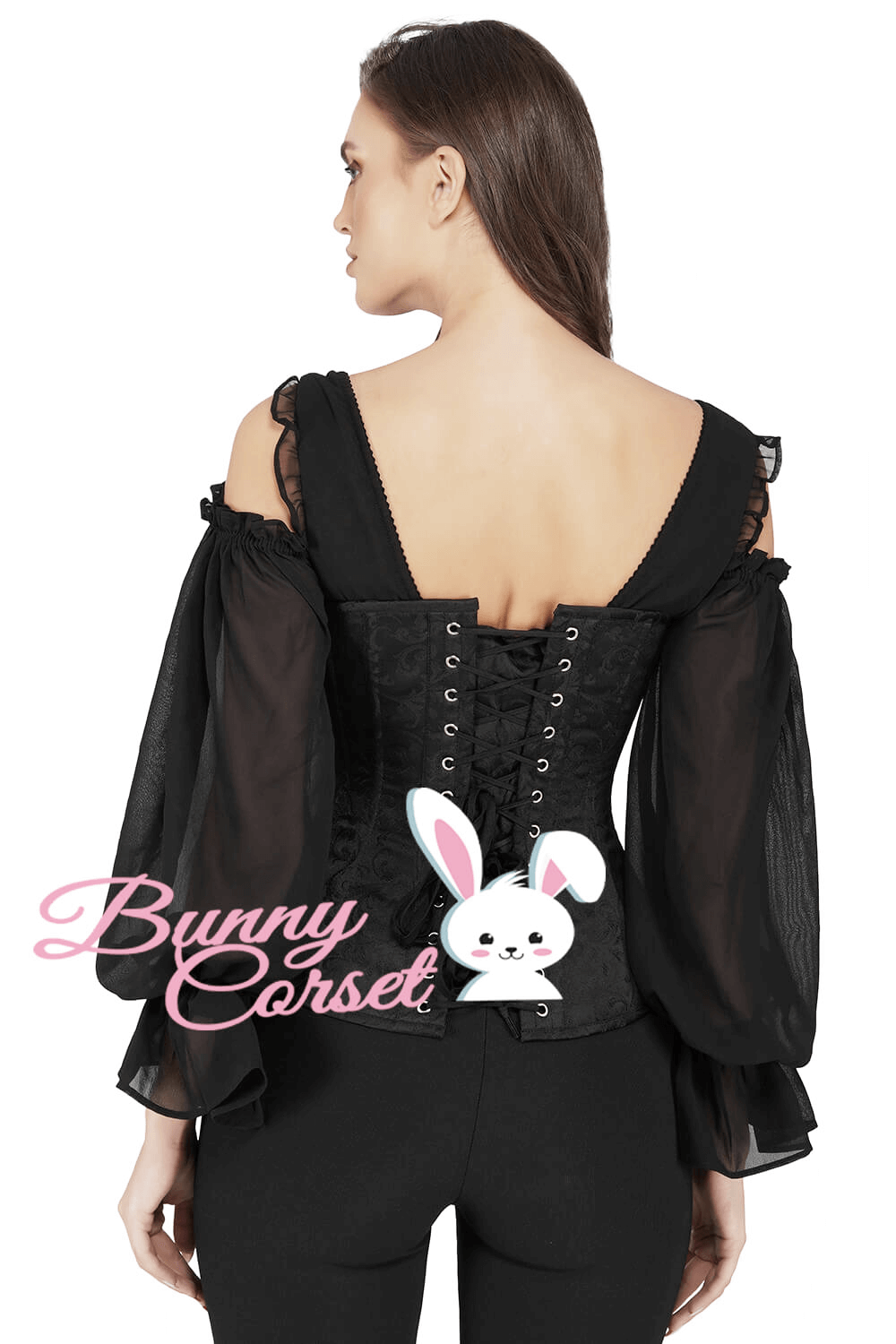 Back view of a black Gothic corset top with puff sleeves and adjustable lacing, highlighting its elegant structure.