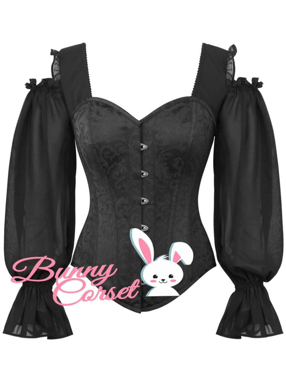 Gothic black overbust corset top with puff sleeves and decorative brocade fabric.