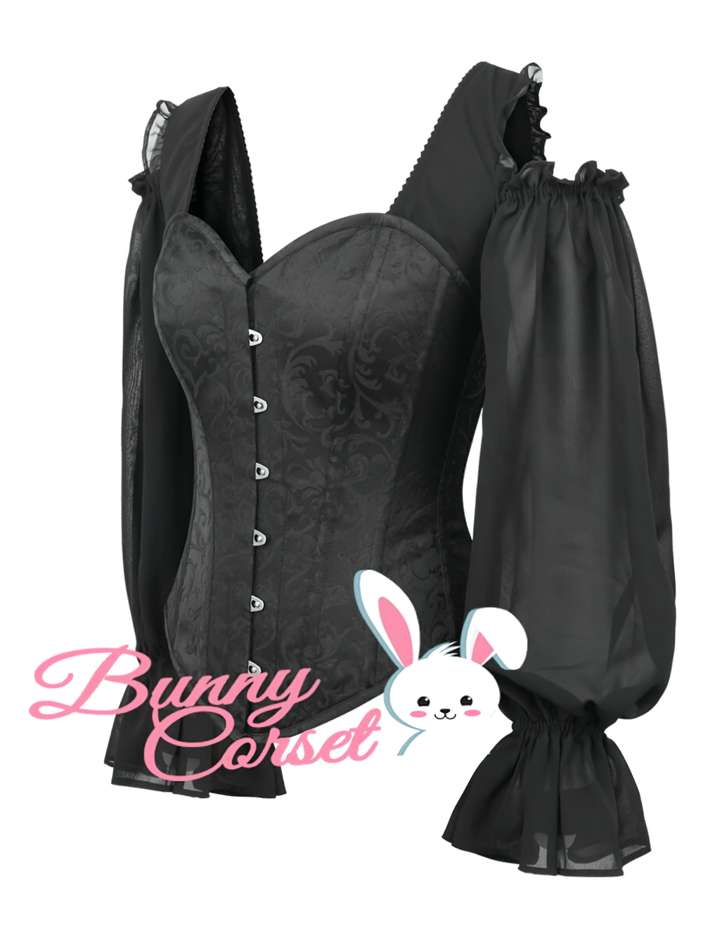 Black gothic overbust corset top with georgette puff sleeves and decorative buttons.