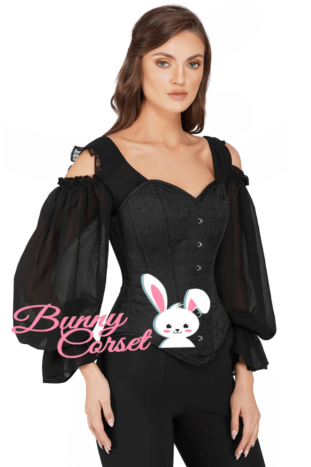 Black Gothic corset top with puff sleeves and front lacing for a vintage-inspired look.