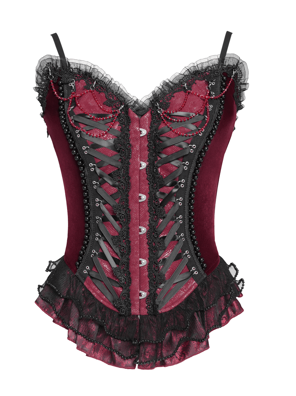 Victorian-inspired burgundy gothic corset with lace trim, satin ribbon lacing, and ruffled hem.
