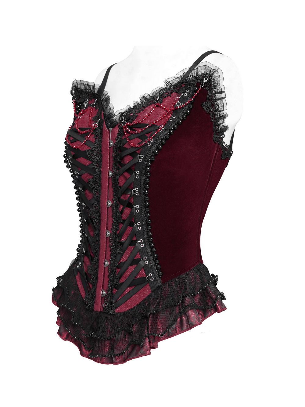 Burgundy gothic corset with lace trim, satin ribbon lacing, and ruffled hem, perfect for dramatic elegance in outfits.