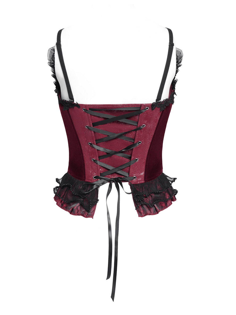 Back view of a burgundy gothic corset featuring lace trim, satin ribbon lacing, and a ruffled hem for dramatic elegance.