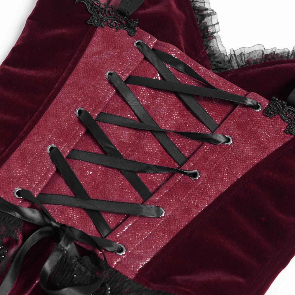 Burgundy gothic corset with black satin ribbon lacing and delicate lace trim, showcasing intricate Victorian design.