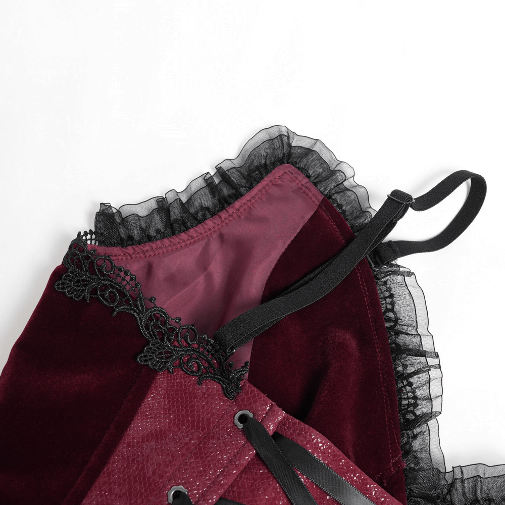 Burgundy gothic corset with lace trim, satin ribbon lacing, and ruffled hem, showcasing its elegant details.