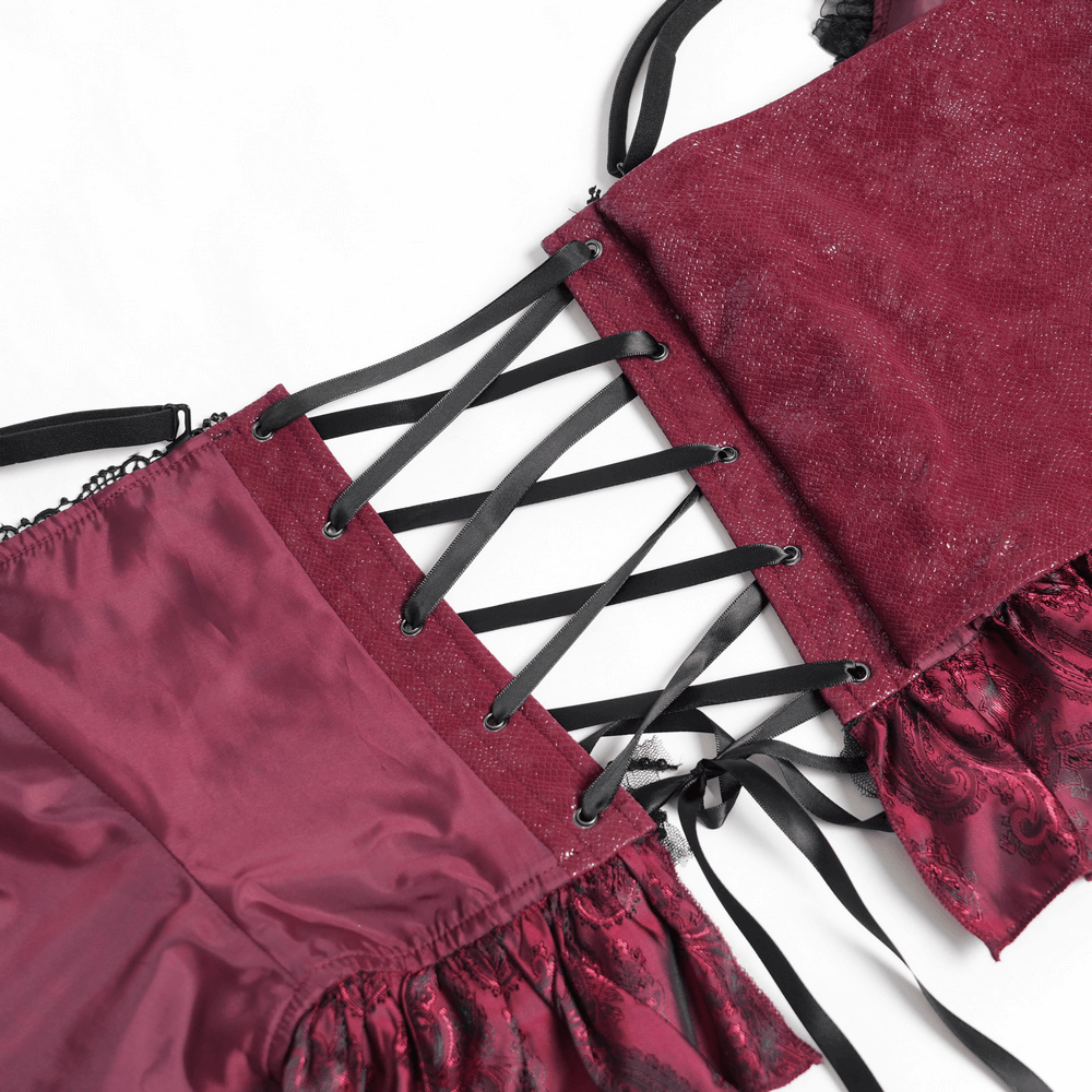 Burgundy gothic corset featuring satin ribbon lacing and ruffled hem, showcasing intricate lace details.