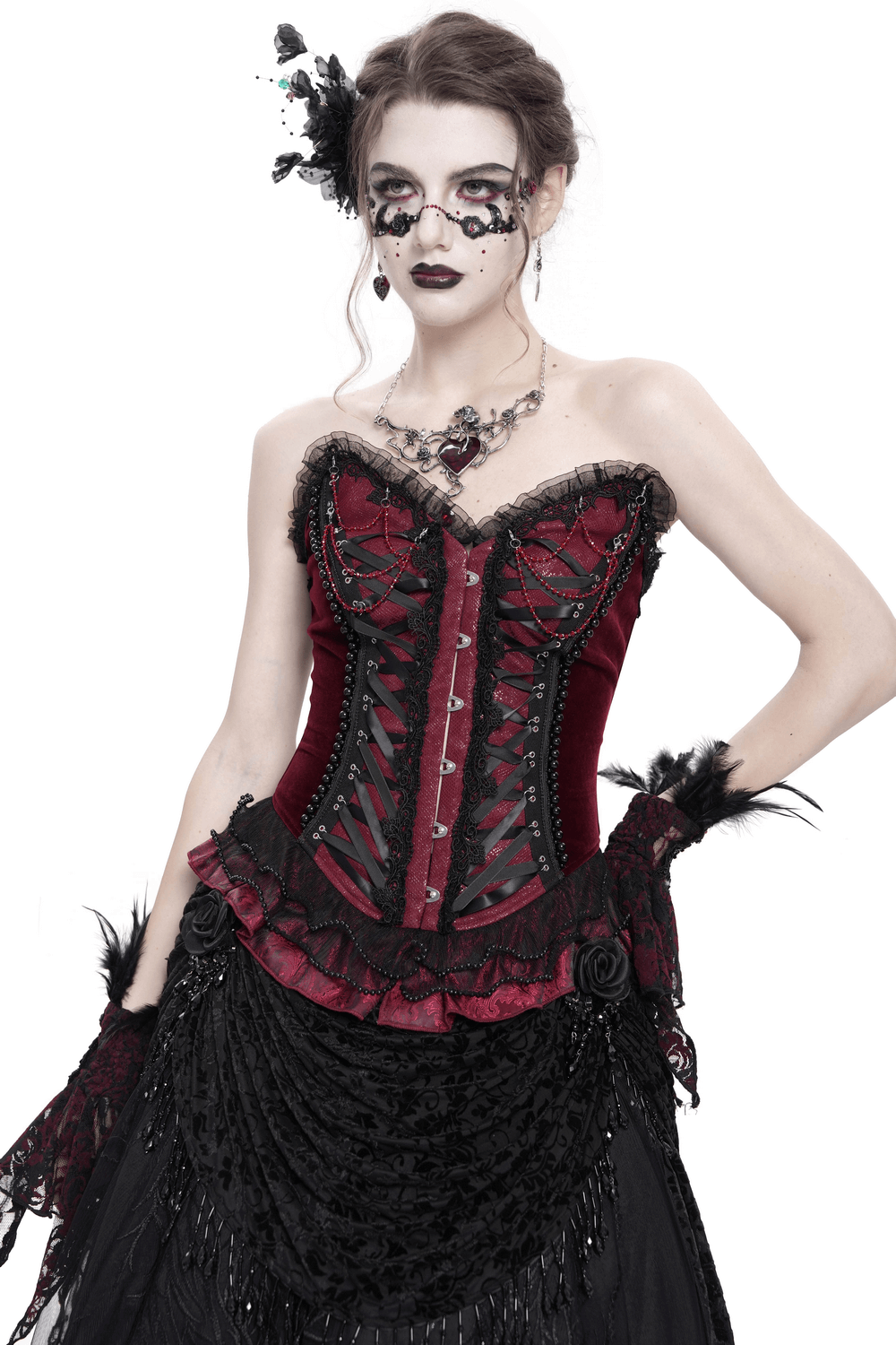 Burgundy gothic corset with lace trim, satin ribbon lacing, and ruffled hem in a Victorian-inspired style.