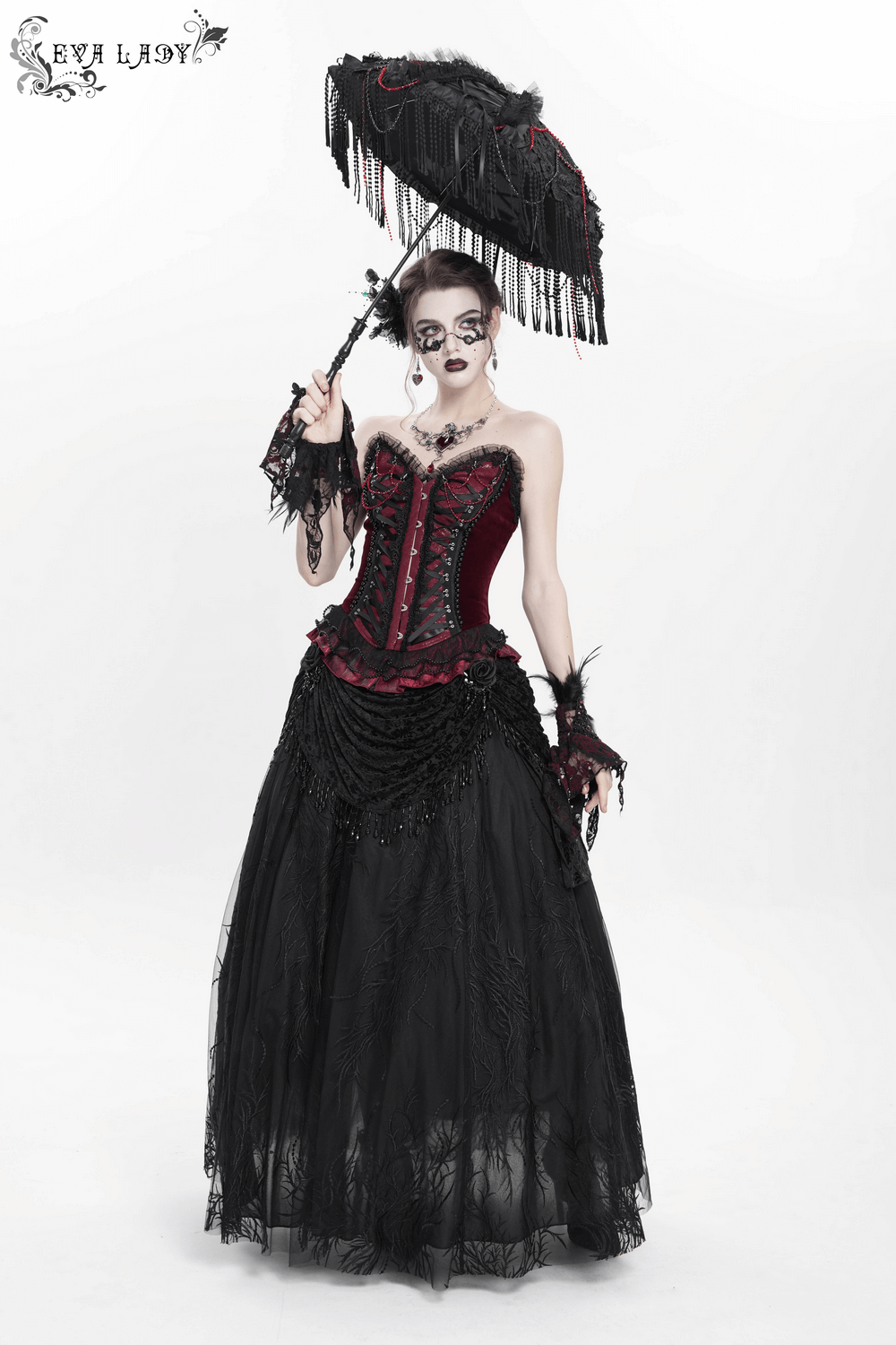 Gothic corset with lace trim and satin ribbon lacing, paired with a stunning black dress and parasol.