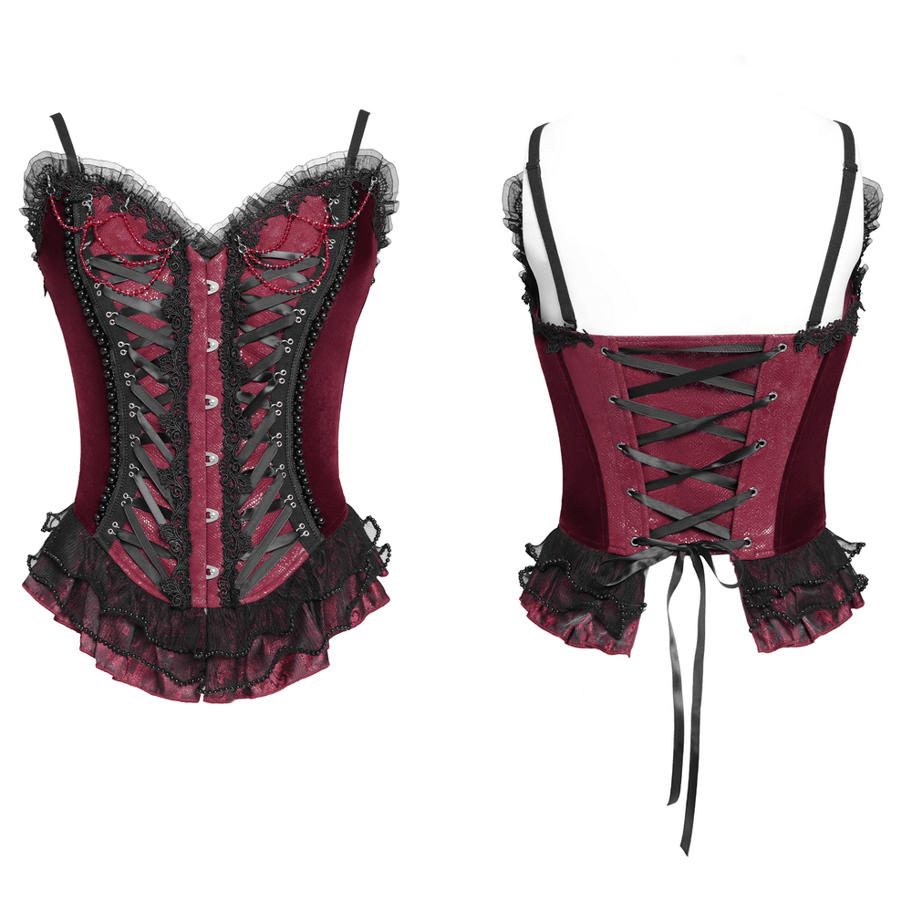 Burgundy gothic corset with lace trim, satin ribbon lacing, and ruffled hem, perfect for Victorian-inspired fashion.