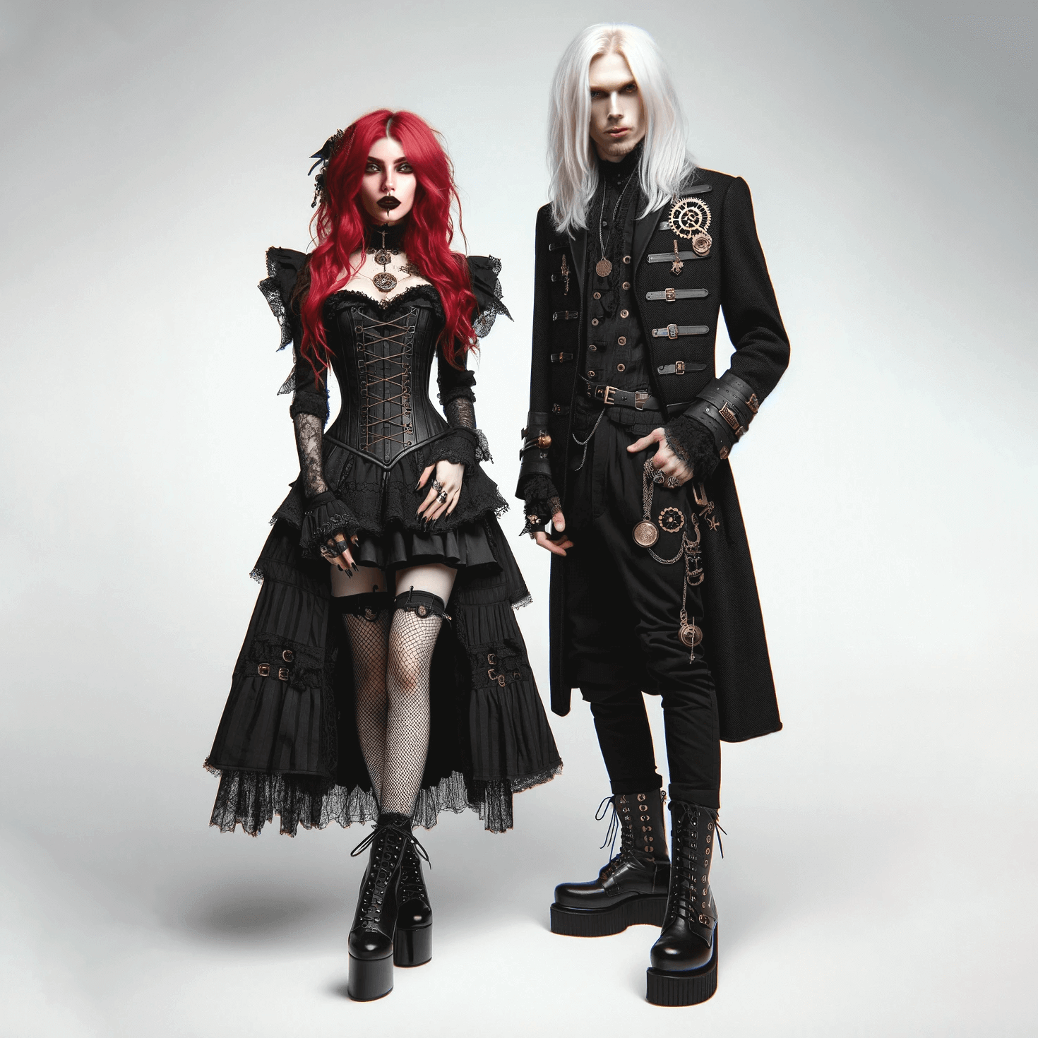 Gothic couple in black attire with red-haired woman and white-haired man.