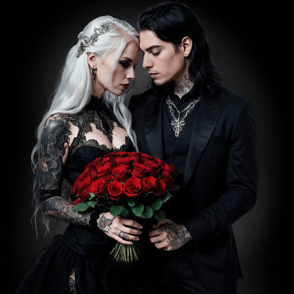 Gothic couple in elegant attire with man holding red roses.