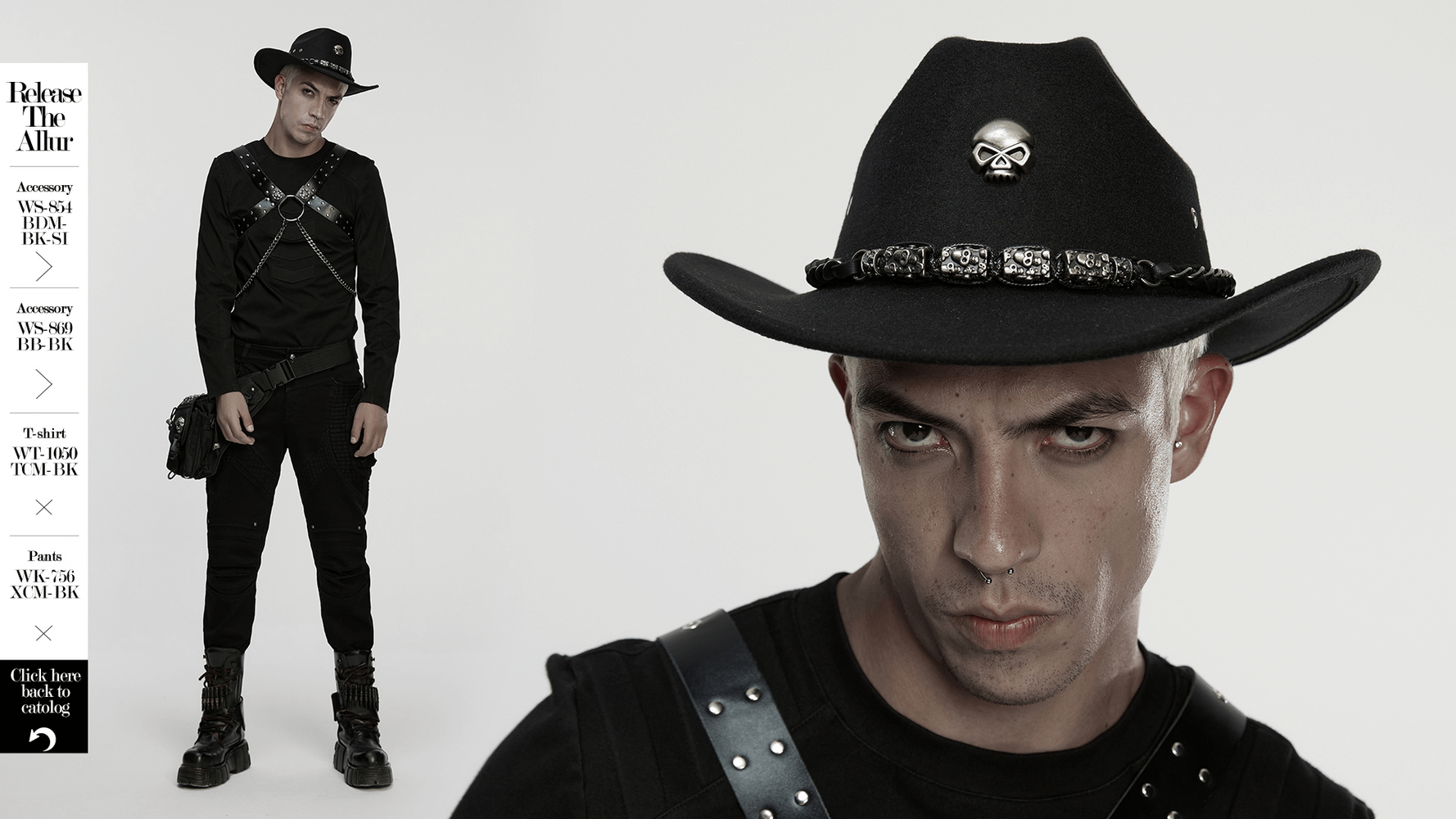 Gothic cowboy hat with skull and chain details worn by male model in black outfit, showcasing punk alternative fashion.
