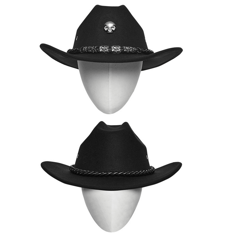 Gothic cowboy hat with chains and skull embellishments for punk and alternative fashion.