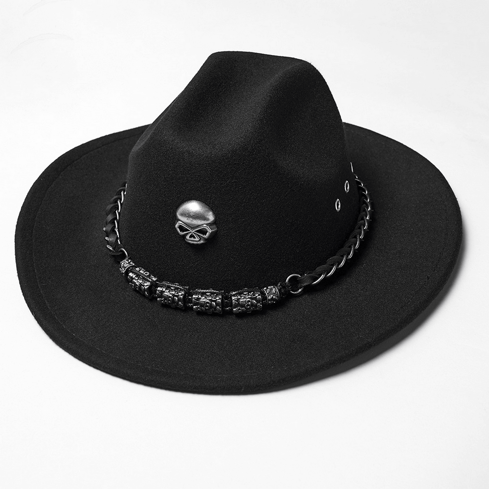 Gothic cowboy hat with skull detail and chain, perfect for punk and alternative fashion enthusiasts.