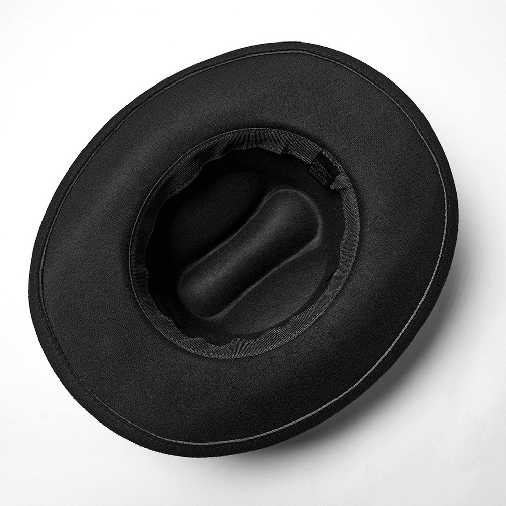 Top view of a black Gothic cowboy hat with chain and studded design, perfect for punk and alternative fashion.