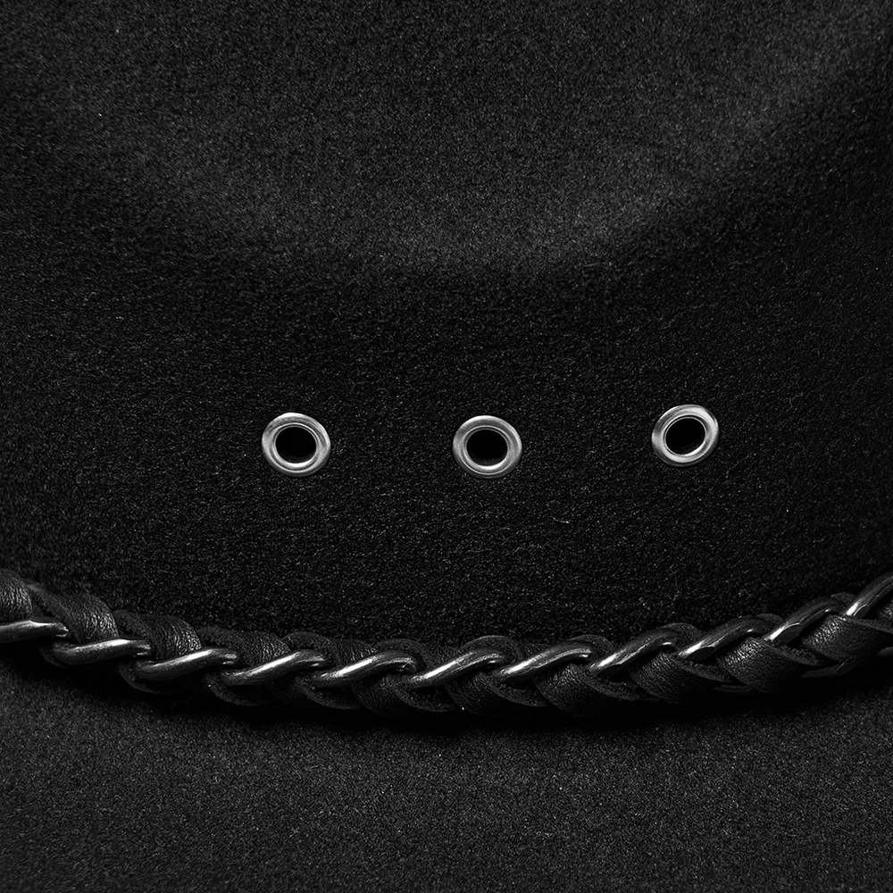 Close-up of Gothic cowboy hat with chain and metal eyelets, perfect for punk and alternative fashion enthusiasts.