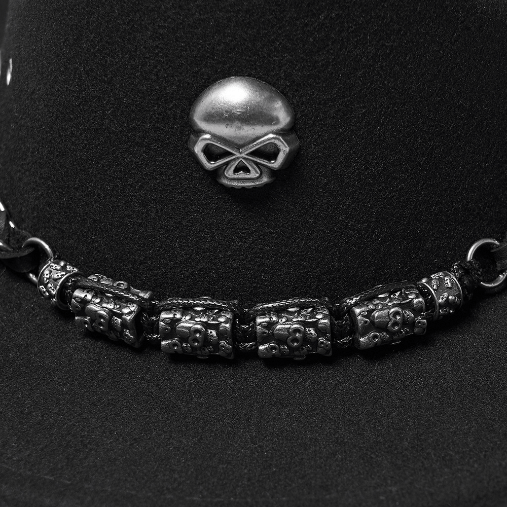 Gothic cowboy hat featuring a bold skull embellishment and chain with metal skull beads for alternative fashion.