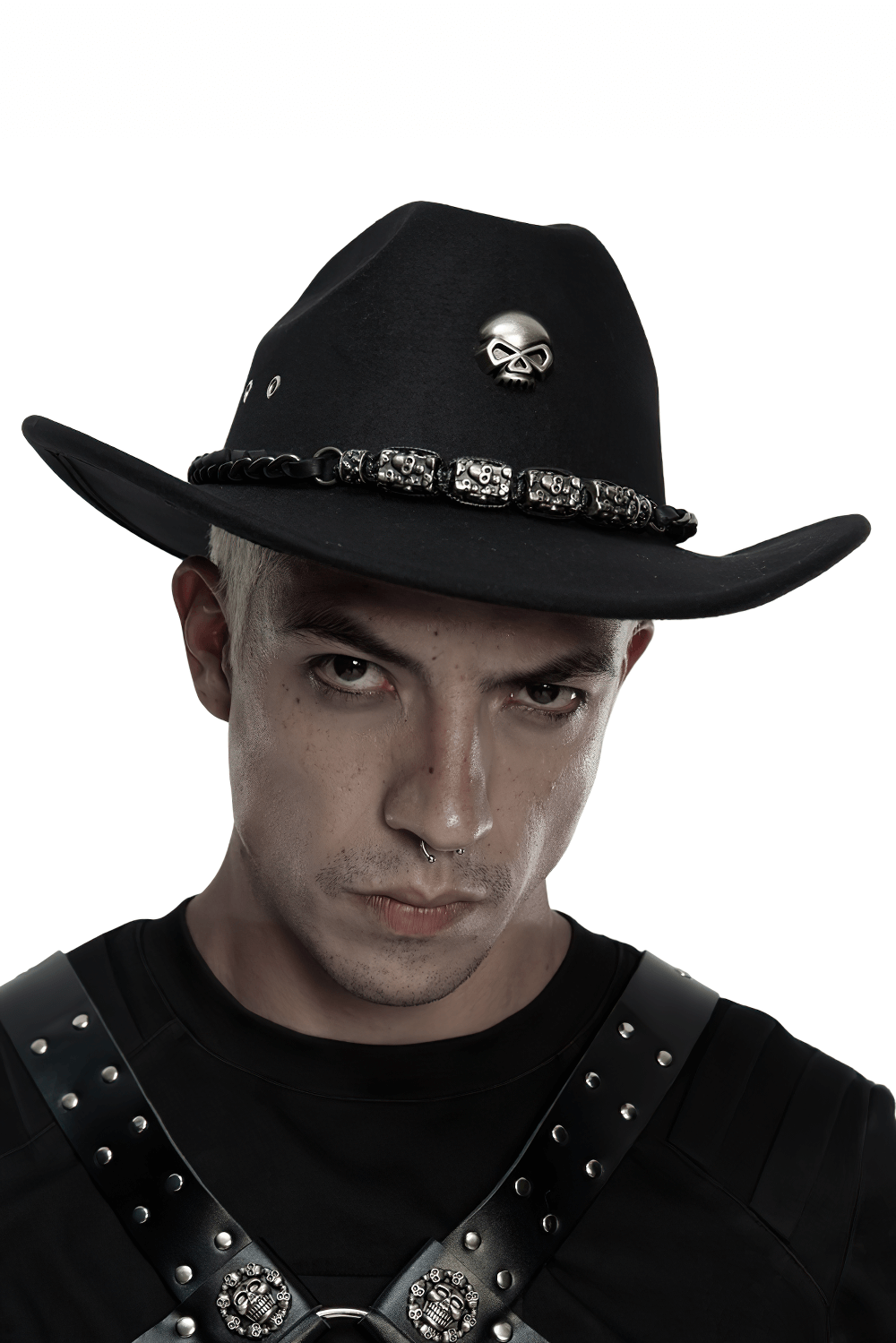 Gothic cowboy hat with skull and studs, perfect for punk and alternative fashion enthusiasts.