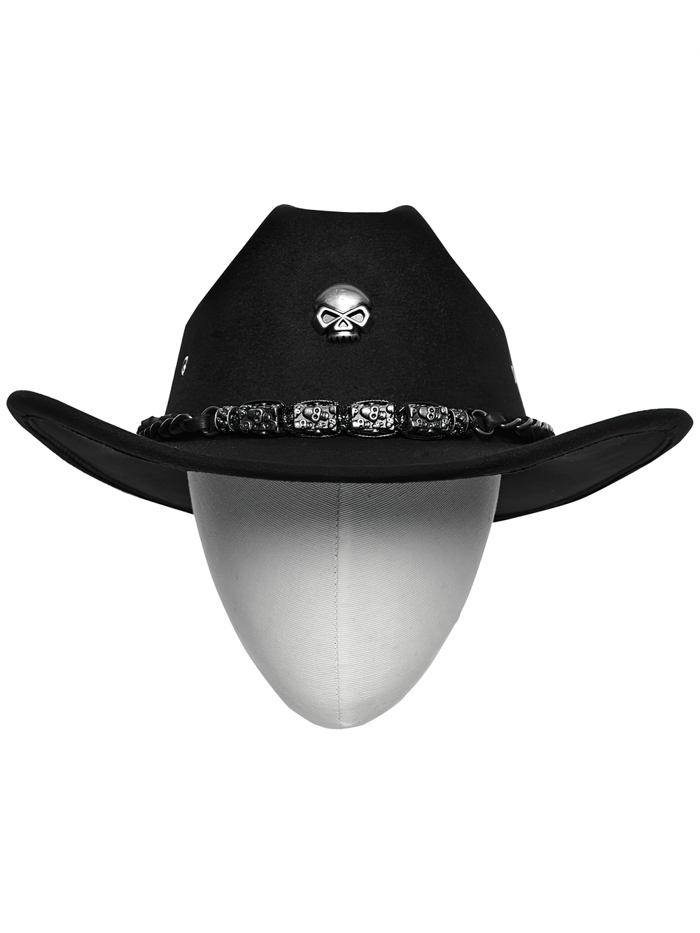 Gothic cowboy hat with skull detail and chain, perfect for punk and alternative fashion lovers.