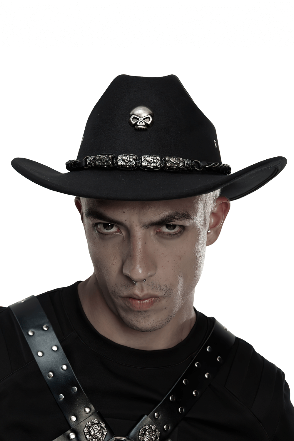 Gothic cowboy hat with skull and chain design worn by a model, perfect for punk and alternative fashion.