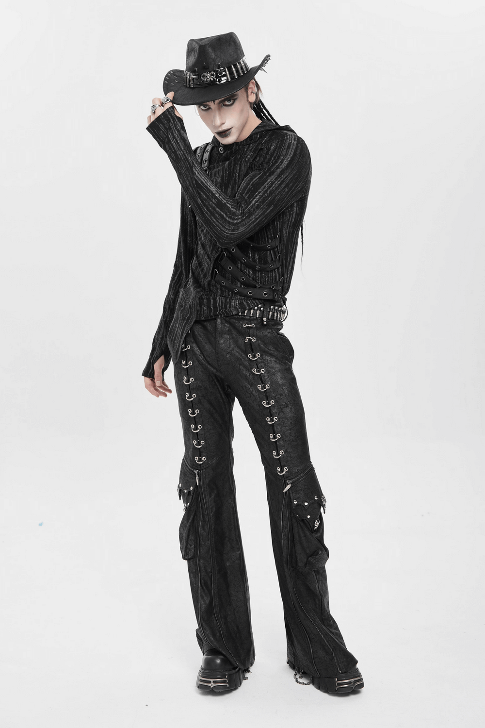 Gothic Cowboy Hat with Metal Bullets and Skull Design worn by a model in a dark gothic outfit.