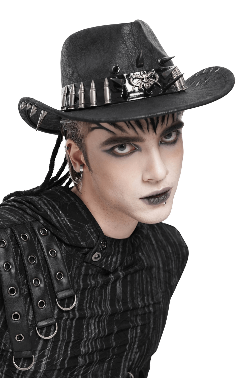 Gothic Cowboy Hat with Metal Bullets and Skull Design worn by a model showcasing dark style.